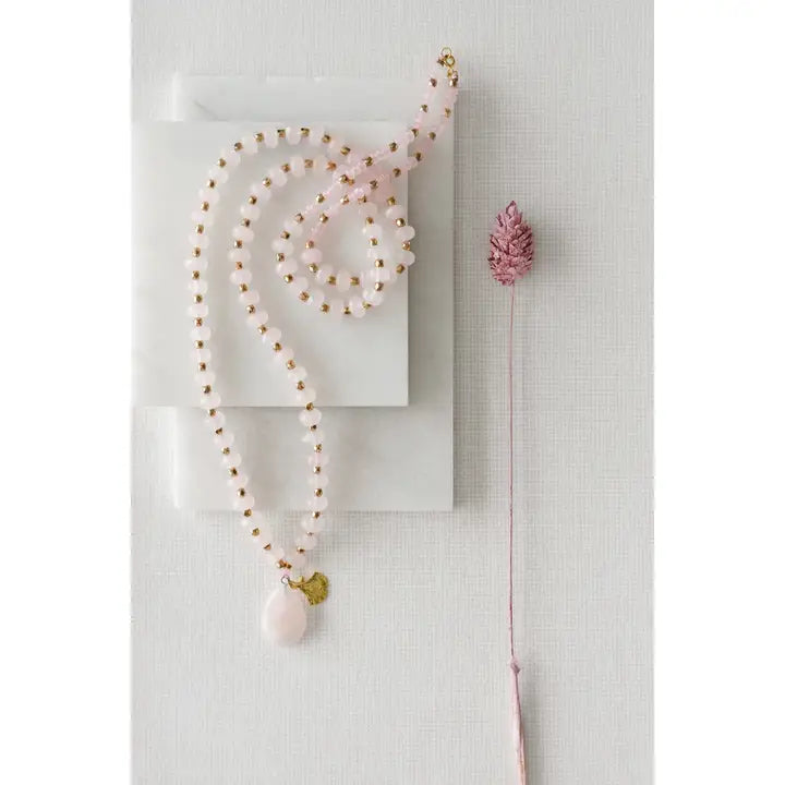 Rose Quartz Stone Long Length Necklace with Gold Tone Detail