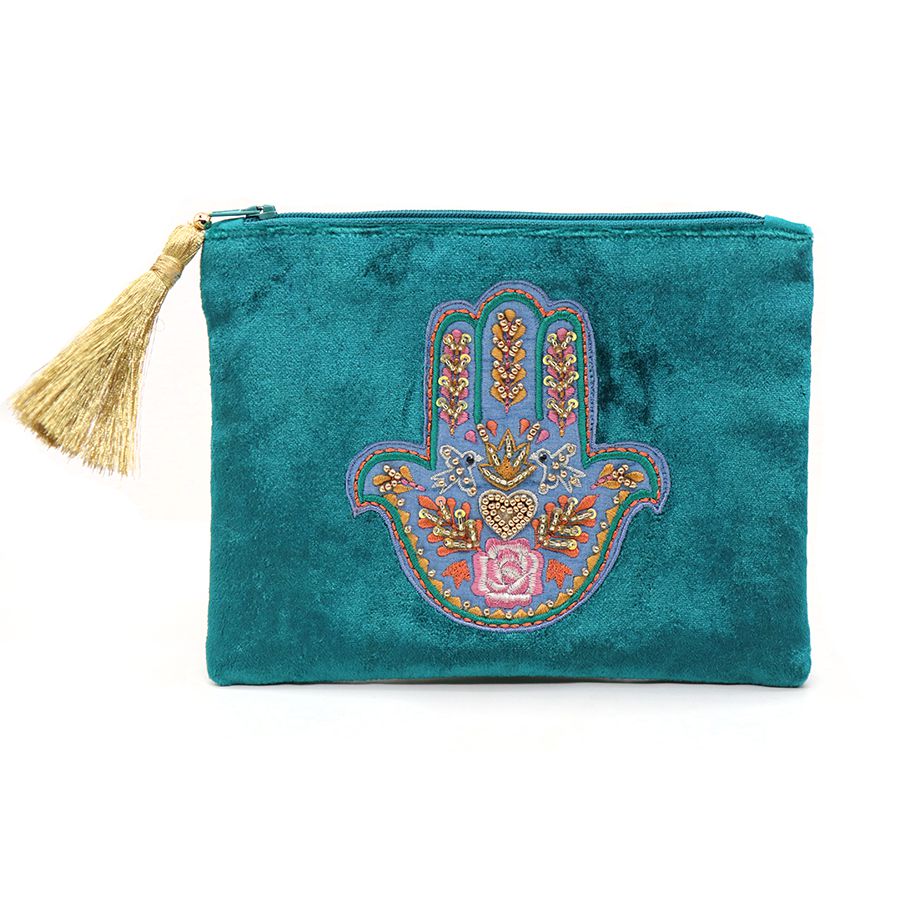 VELVET HAND OF HAMSA CLUTCH PURSE -TEAL