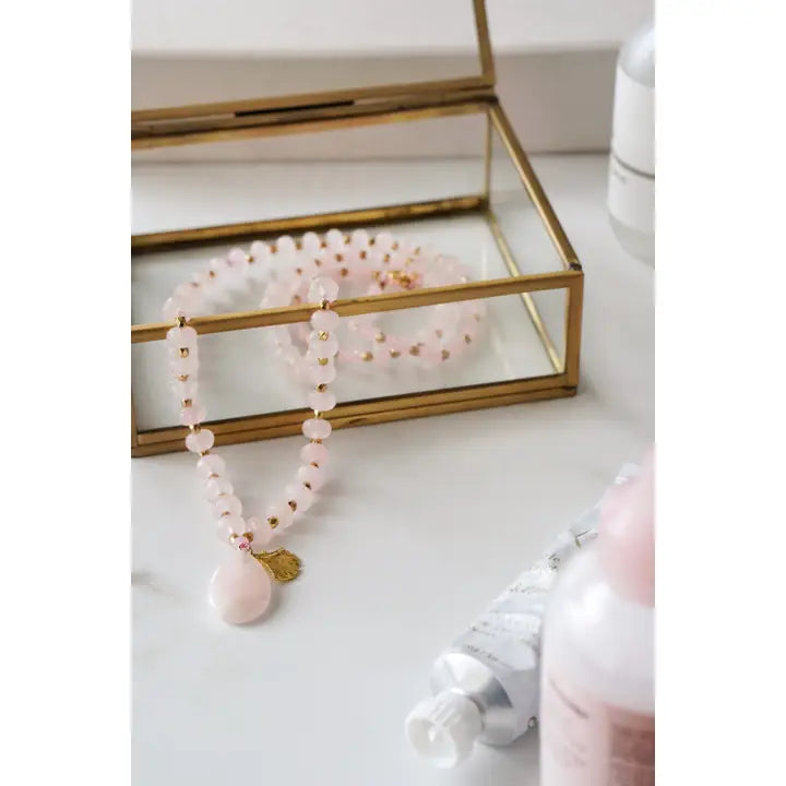 Rose Quartz Stone Long Length Necklace with Gold Tone Detail