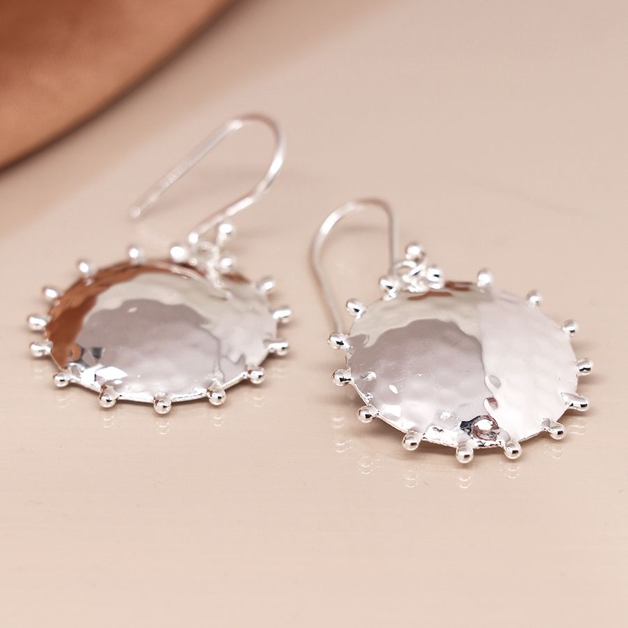 Hammered sun disc drop sterling silver earrings