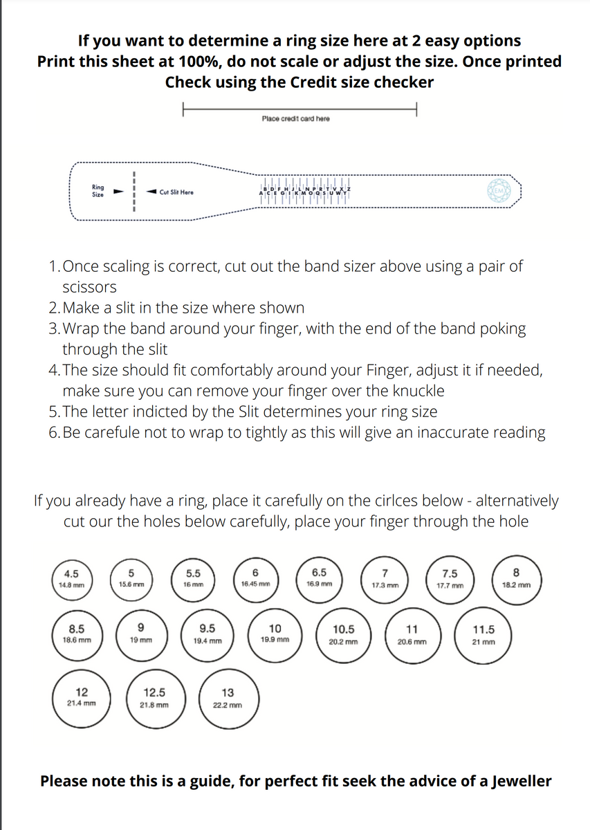 Printable Ring Size Print Out Guide