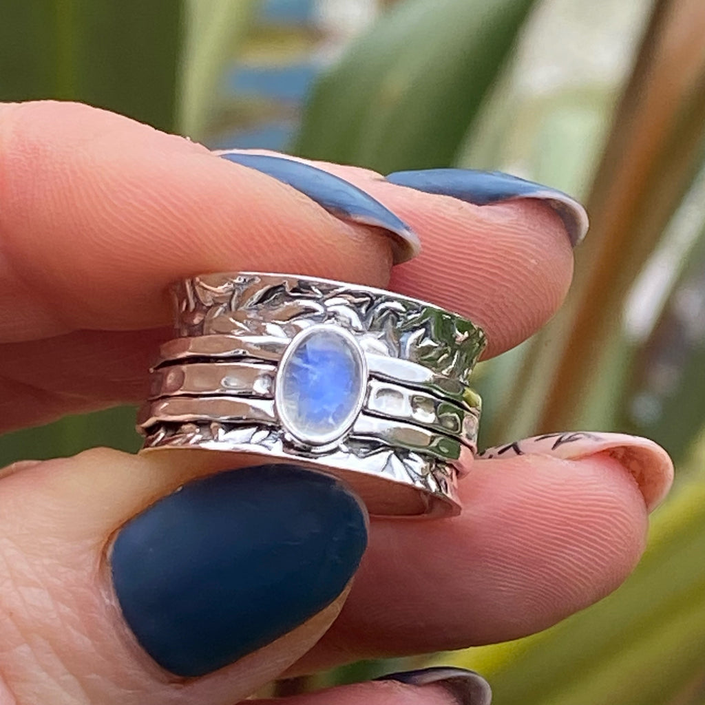 Sukha - Silver Moonstone Spinner Ring -Handmade sterling silver rings