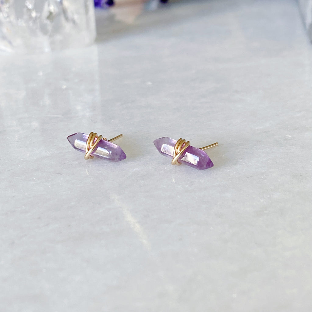 Amethyst Crystal Gemstone Gold Wrap Earrings