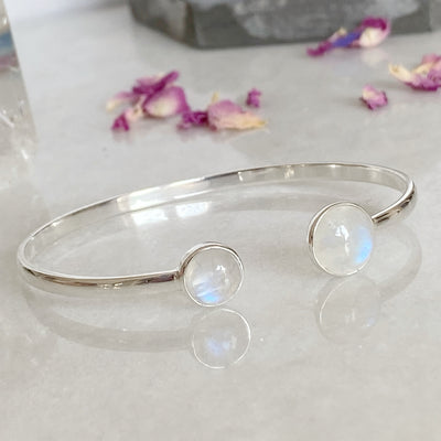 Rainbow Moonstone Sterling Silver Bangle | Adjustable Silver Bangle